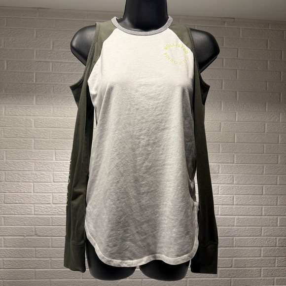 Hollister California Olive Green Cold Shoulder Graphic Top - XS - Picture 1 of 5